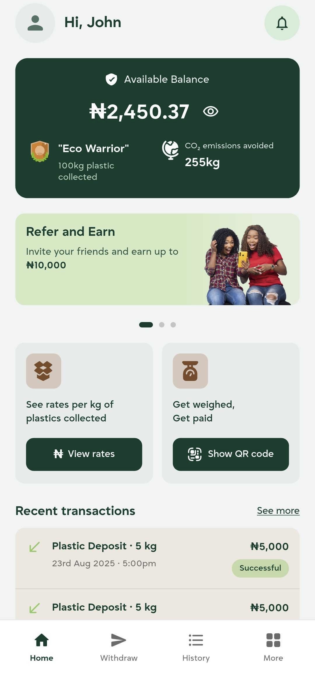 The Bolar collector app showing an available balance of ₦2,450.37, an Eco Warrior badge for 100kg of plastic collected, 255kg of CO₂ emissions avoided, and recent plastic deposits paid at ₦5,000 each.